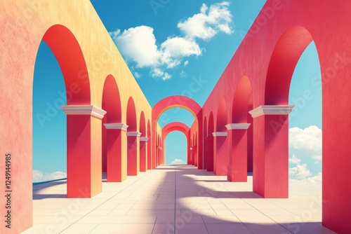 Vibrant Arches In A Surreal Landscape Under A Bright Blue Sky Create A Captivating Architectural Scene. photo