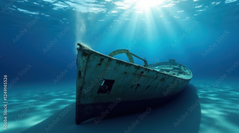 Fototapeta premium Sunken Shipwreck Reveals Underwater Mystery in Clear Ocean Water