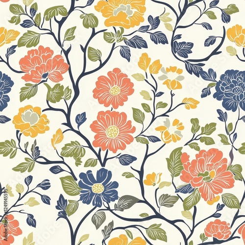 Wallpaper Mural Vibrant blossoms arranged in a captivating seamless pattern. Ideal for fabric design, crafts, and backgrounds, showcasing an array of colorful flowers for a cheerful and artistic appeal. Torontodigital.ca