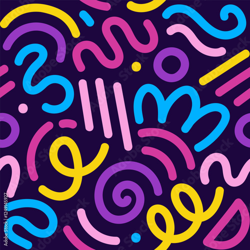 Memphis geometric seamless pattern. Multicolor abstract background in retro 80s, 90s style with various shapes: circles, semicircles, dots, zigzags, spirals, wavy lines. Cute kid doodle design.	