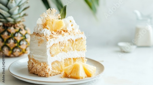 Delicious pineapple coconut cake slice with cream and fresh pineapple decoration