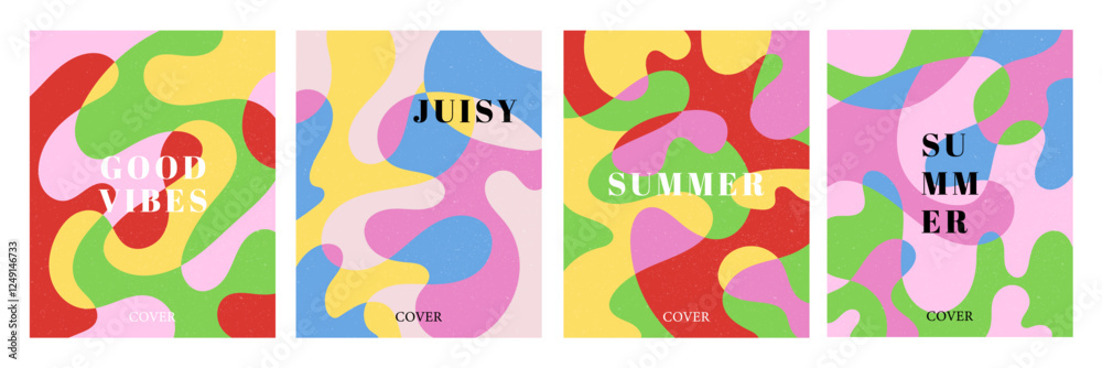 Fototapeta premium Summer bright illustrations set for poster, card, cover, label, banner in modern minimalist style with overlay effect. Modern and simple summer design templates. Vector stock graphic