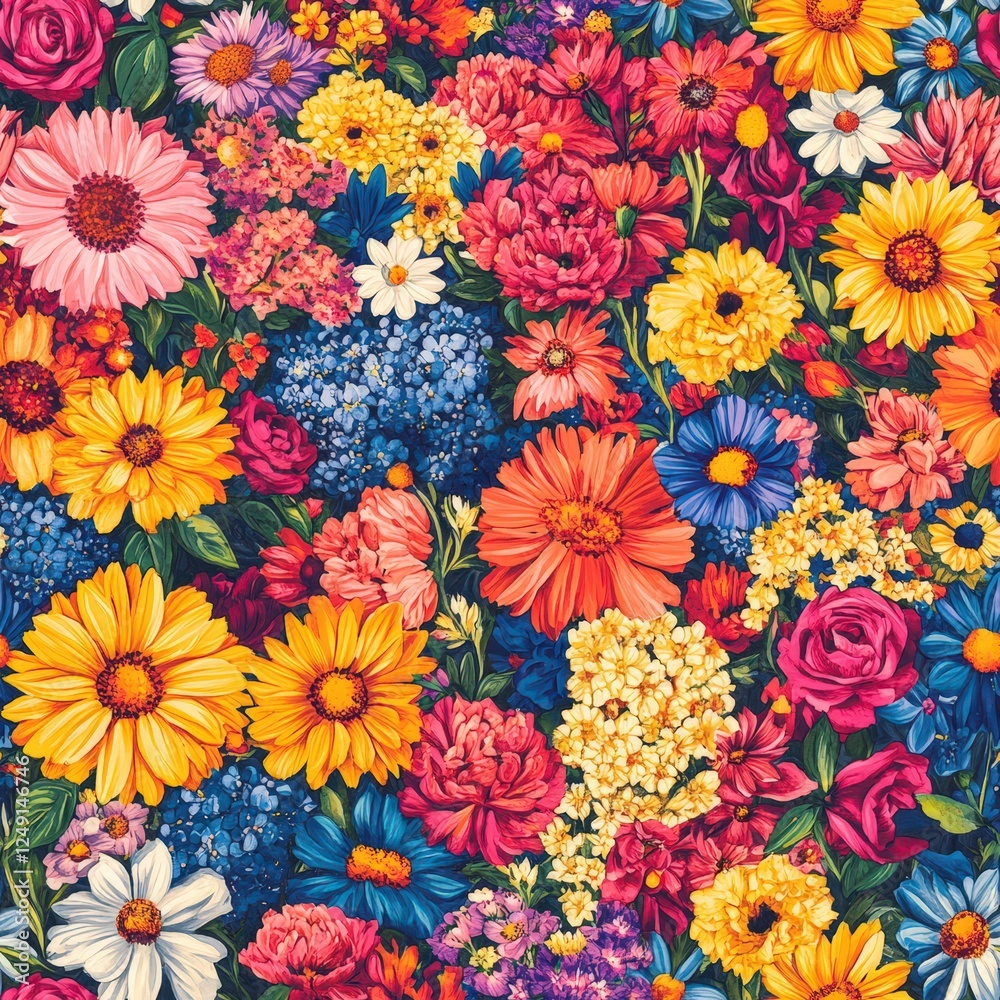 Vibrant blossoms arranged in a captivating seamless pattern. Ideal for fabric design, crafts, and backgrounds, showcasing an array of colorful flowers for a cheerful and artistic appeal. Vibrant blossoms arranged in a captivating seamless pattern. Ideal for fabric design, crafts, and backgrounds, showcasing an array of colorful flowers for a cheerful and artistic appeal.