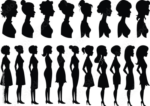 Set of female cameo silhouette with full and half body collection. Side view woman or leady face and body shape. Fashionable female model black cameo silhouette art illustration.
