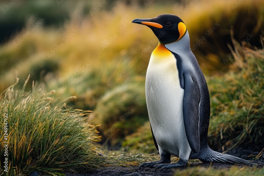 Fototapeta premium A Regal King Penguin Poses Against A Backdrop Of Vibrant Grasses, Reflecting Nature'S Beauty In A Tranquil Setting.