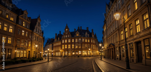 A European-style cityscape at night, featuring historic buildings with warm yellow lights glowing from the windows. A cobblestone street runs through the scene, lined with vintage street lamps. The sk