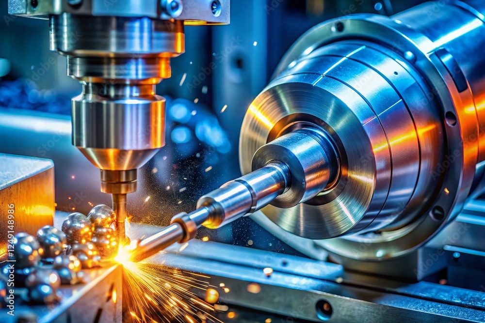 Precision Machining: Close-up of Factory Machine Tools at Work Precision Machining: Close-up of Factory Machine Tools at Work