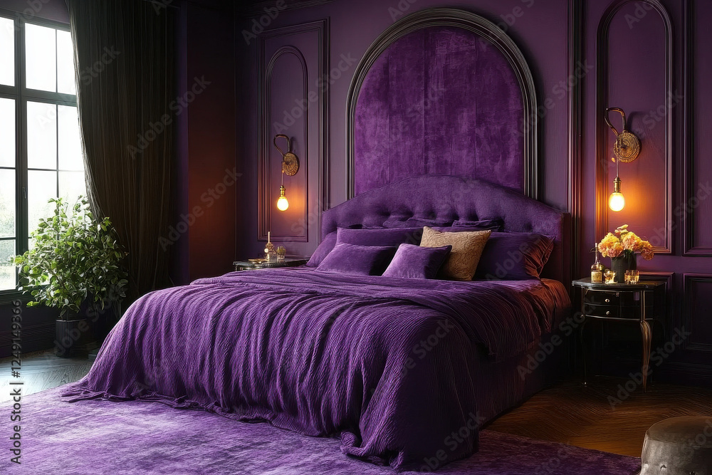 Luxurious purple bedroom with soft lighting and elegant decor Luxurious purple bedroom with soft lighting and elegant decor