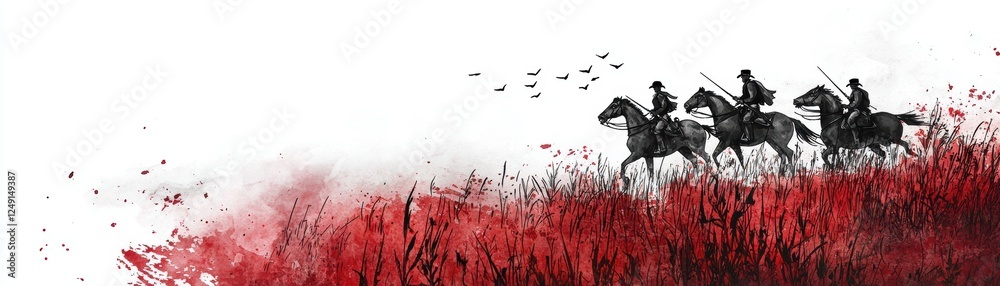 Fototapeta premium Three horsemen ride through a field of red, creating a striking contrast against a white backdrop, evoking a sense of adventure and intensity, Casimir Pulaski Day