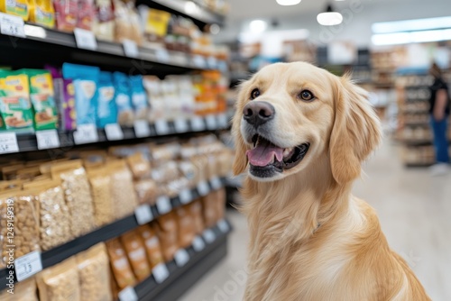 A cheerful golden retriever poses among various pet food products in a well-organized store aisle, showcasing the bond between pets and their owners through shopping.