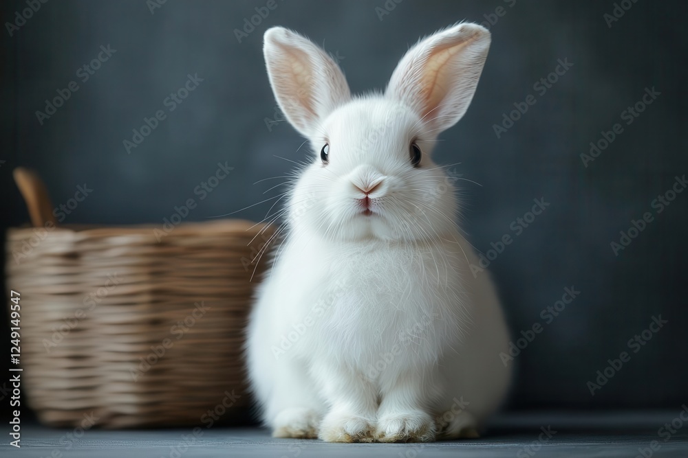 Obraz premium white mini lop rabbit in studio setting soft side lighting textured fur detail minimalist gray gradient background elegant pose
