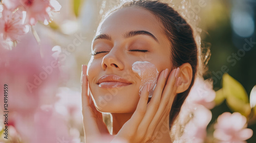 woman enjoying skincare routine surrounded by blooming flowers, radiating joy and relaxation. Her glowing skin reflects commitment to self care and beauty