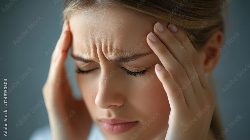 Close-up of an office worker pretending to have a headache. Close-up of an office worker pretending to have a headache.