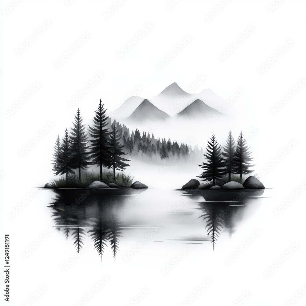 Obraz premium Serene Misty Landscape with Pine Trees Reflected in Calm Waters Surrounded by Fog and Mountains