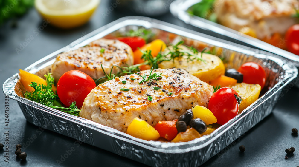 A concept emphasizing healthy eating and diet-friendly meals, featuring restaurant dish delivery with fitness-focused food in convenient foil containers, ideal for weight loss nutrition A concept emphasizing healthy eating and diet-friendly meals, featuring restaurant dish delivery with fitness-focused food in convenient foil containers, ideal for weight loss nutrition