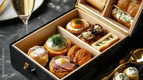 Luxury breakfast box with gourmet pastries, gold utensils, and a champagne glass, elegant brunch concept, high-end dining photo