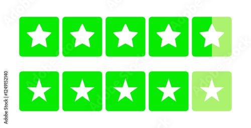 Green product review stars business element icons. A set of five green stars for customer product reviews, representing quality, feedback, and ratings. Flat icons for apps and websites.