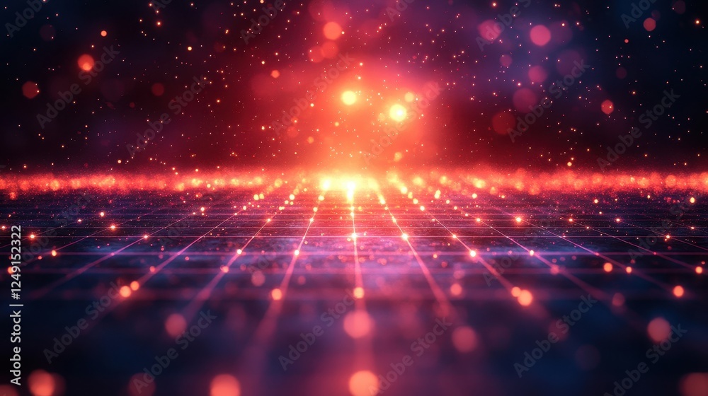 Obraz premium Glowing grid, futuristic landscape, red bokeh, digital art, background