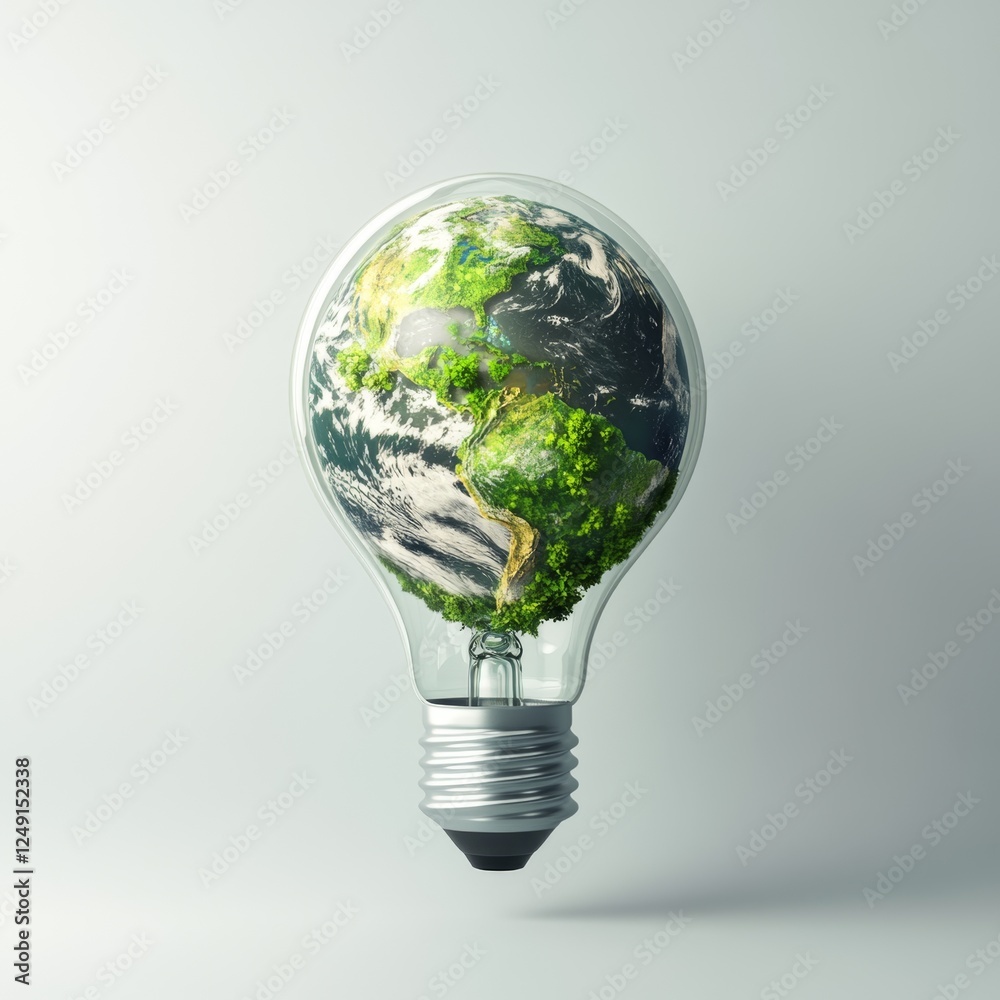 Green Earth Globe Inside Lightbulb, Studio Shot, Sustainability Concept