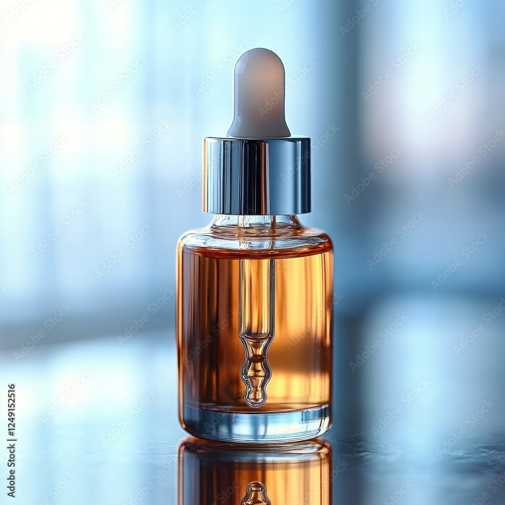 Naklejka premium Close-up of a glass dropper bottle with amber liquid against a blurred background