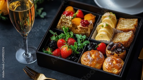 Luxury breakfast box with gourmet pastries, gold utensils, and a champagne glass, elegant brunch concept, high-end dining photo