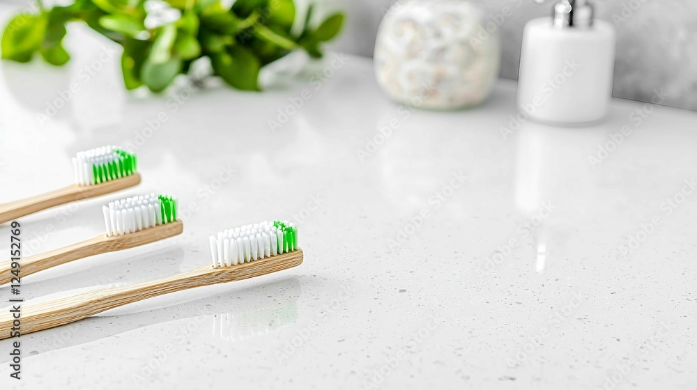 Eco-Friendly Bamboo Toothbrushes on a Modern Bathroom Counter Eco-Friendly Bamboo Toothbrushes on a Modern Bathroom Counter