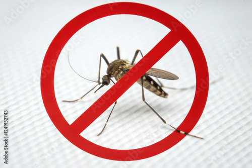 Close-up of a mosquito behind a no-entry symbol, highlighting pest control and health safety