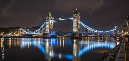 A beautiful night-time view of London’s Tower Bridge, glowing with blue and white lights. The River Thames below reflects the bridge’s structure, creating a perfect mirror image.