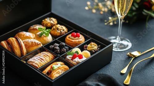 Luxury breakfast box with gourmet pastries, gold utensils, and a champagne glass, elegant brunch concept, high-end dining photo