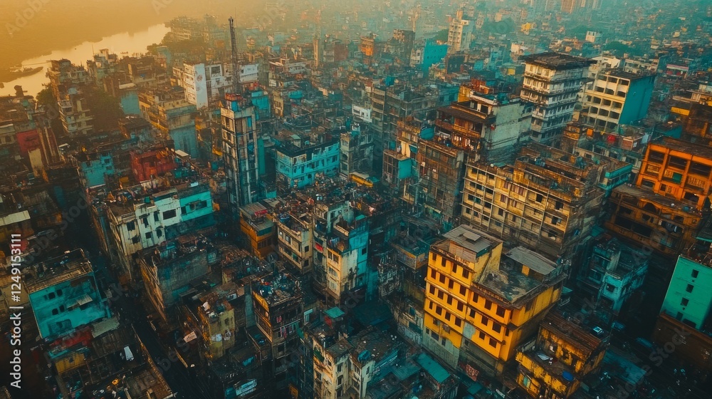 Obraz premium Aerial view of a dense, colorful cityscape at sunrise, showing a mix of old and new buildings, with a river in the background.