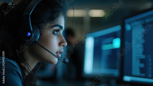A young woman wearing a headset, concentrating while working in a busy call center office, providing customer service and technical support through digital communication.  
