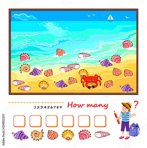 Math education for children. How many sea shells can you find on the beach? Count the quantity and write the numbers. Kids activity sheet. Educational game. Flat vector illustration.