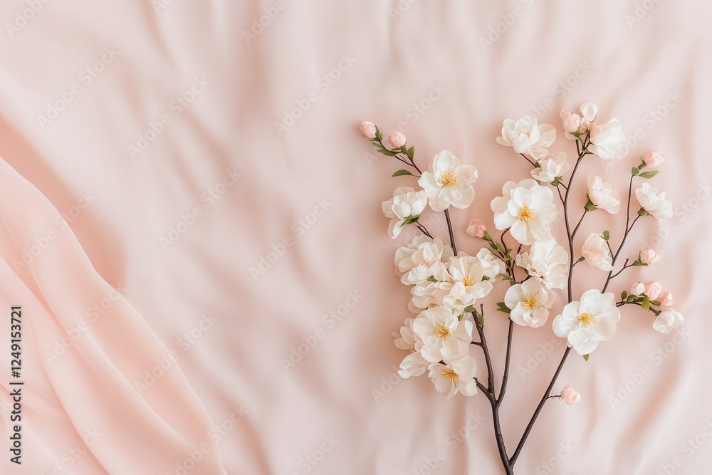 A delicate branch of cherry blossoms with white and pink flowers resting on softly draped pink fabric, creating a romantic and dreamy scene.
A delicate branch of cherry blossoms with white and pink flowers resting on softly draped pink fabric, creating a romantic and dreamy scene.