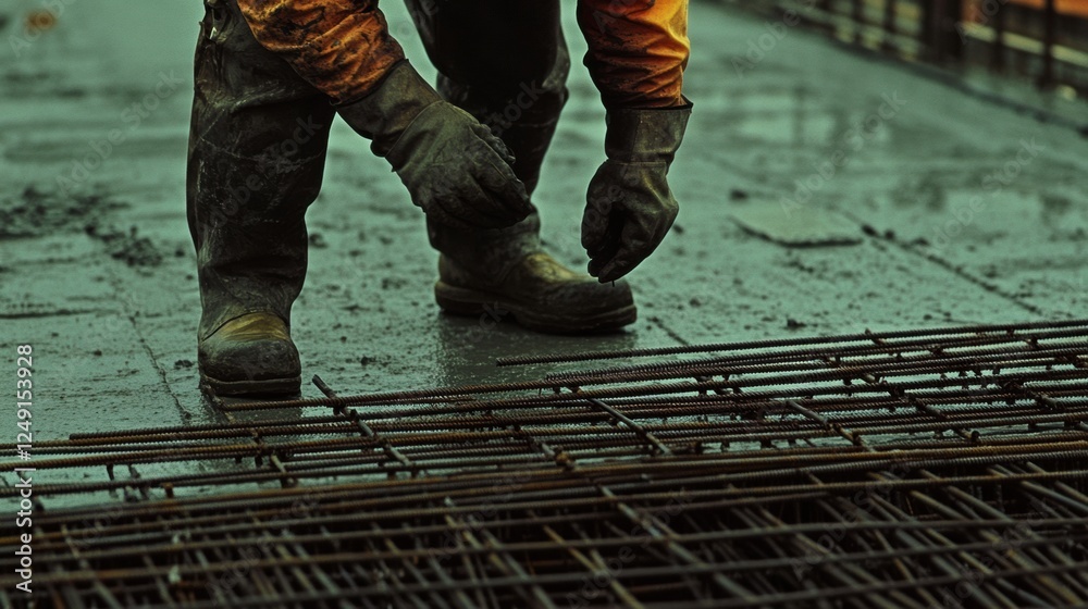 Construction worker placing rebar strands in concrete pouring area Construction worker placing rebar strands in concrete pouring area
