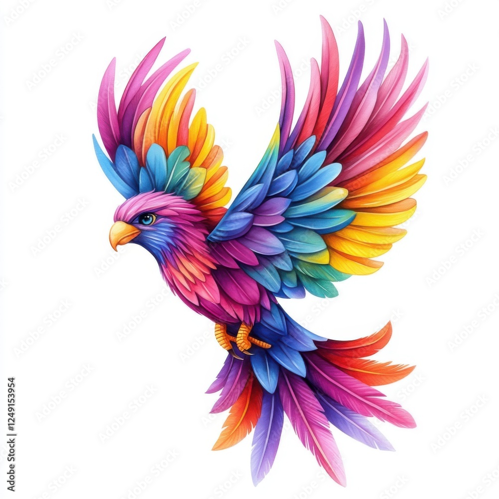 Majestic Colorful Phoenix Bird with Vibrant Feathers in Flight against a White Background Majestic Colorful Phoenix Bird with Vibrant Feathers in Flight against a White Background