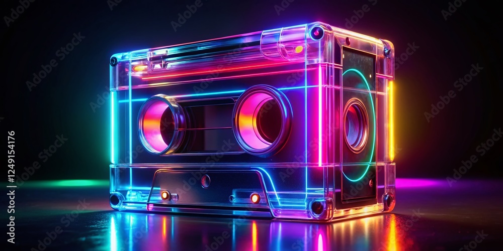 Fototapeta premium Retro Cassette Tape Neon Lights Black Background Stock Photo