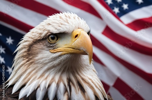 Majestic bald eagle looks proudly against the backdrop of the iconic American flag waving gently. photo