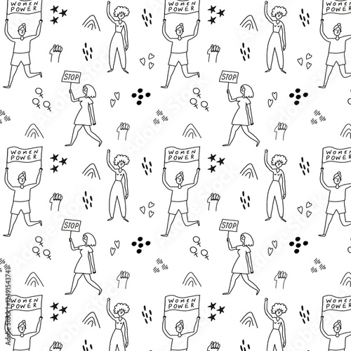 Feminist Seamless Pattern with Activist Women and Protest Signs (Women Power, Stop)