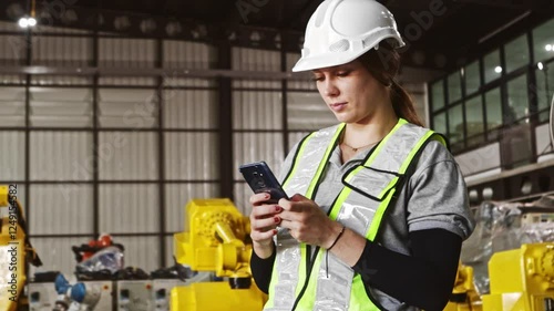 Female electrician working to inspect robots in welding robot production warehouse using smartphone to view electrical circuit data for control system installation work.