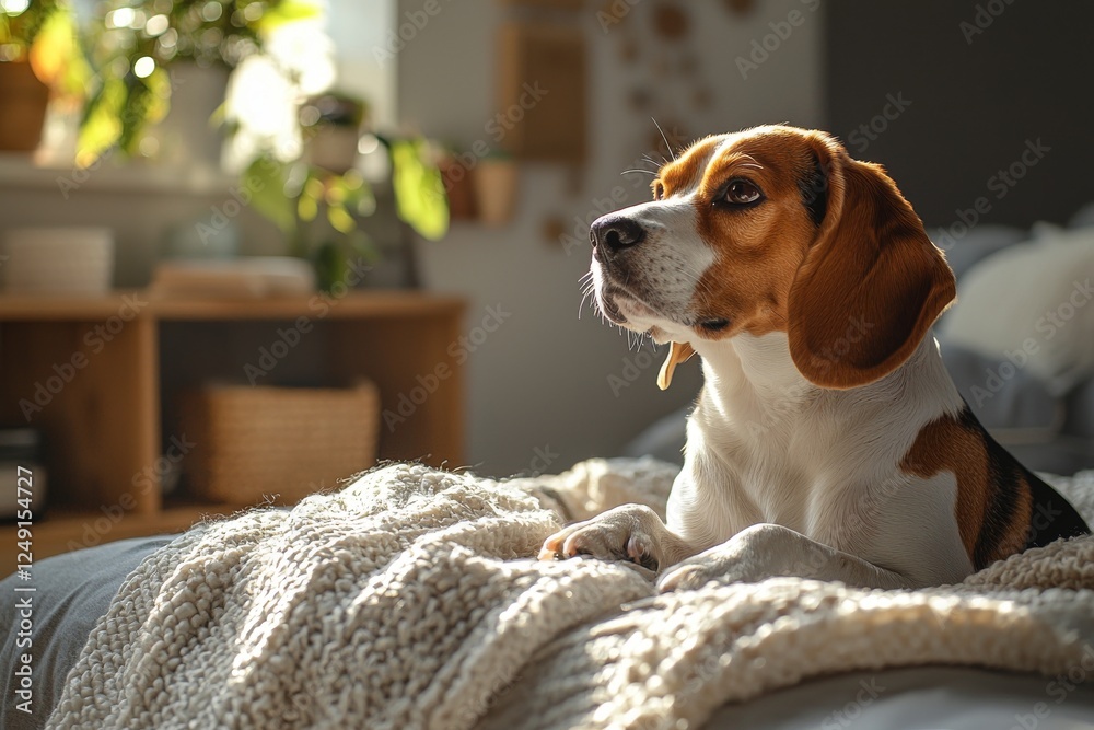 Close-up shot of a pet dog sitting on a bed at home, with extra space for copying Close-up shot of a pet dog sitting on a bed at home, with extra space for copying