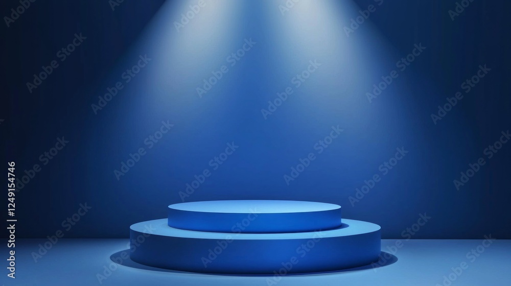 Obraz premium A modern blue podium sits in a stylish studio, perfect for displaying fashion and products under harsh lighting. The layered design adds depth, enhancing the presentation's appeal