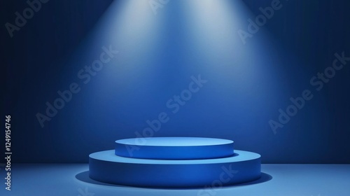 A modern blue podium sits in a stylish studio, perfect for displaying fashion and products under harsh lighting. The layered design adds depth, enhancing the presentation's appeal