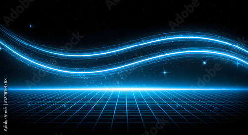 Futuristic Blue Neon Light Waves on Digital Grid – Abstract Sci-Fi Cyber Background and abstract blue background