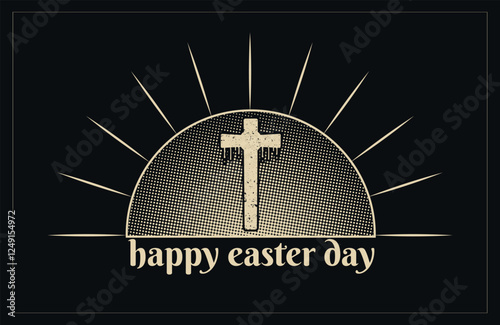 Happy easter day vector with Christian cross, sunrise concept and color halftone effect illustration
