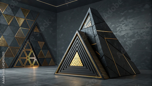 tower of the castle, dark geometric abstract triangular shapes layer,Photography of a kaleidoscope art background depicting dark universe space lightened by a star shaped with triangles made with lase