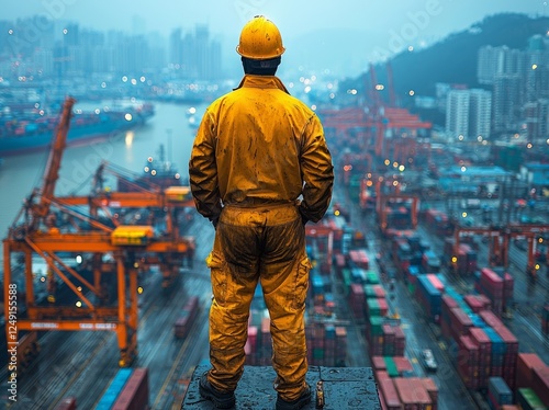 A dock worker stands on a cargo crane platform, looking down from an elevated position in Felixstowe, England photo