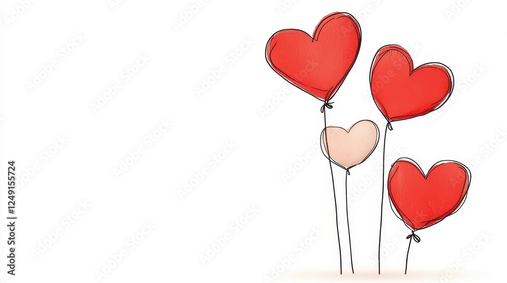 Whimsical Heart Balloons Floating on White Background Whimsical Heart Balloons Floating on White Background