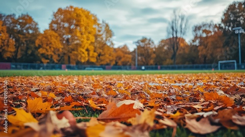 Football field in autumn with fallen leaves
