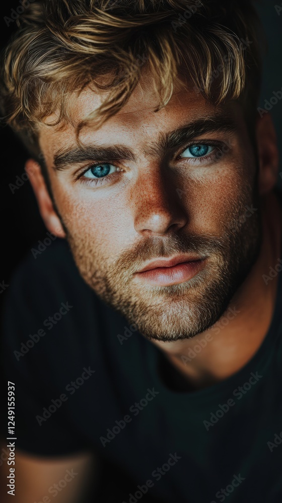 Portrait of a young man with blue eyes and thick eyebrows in a dark background, atmospheric and expressive look Portrait of a young man with blue eyes and thick eyebrows in a dark background, atmospheric and expressive look