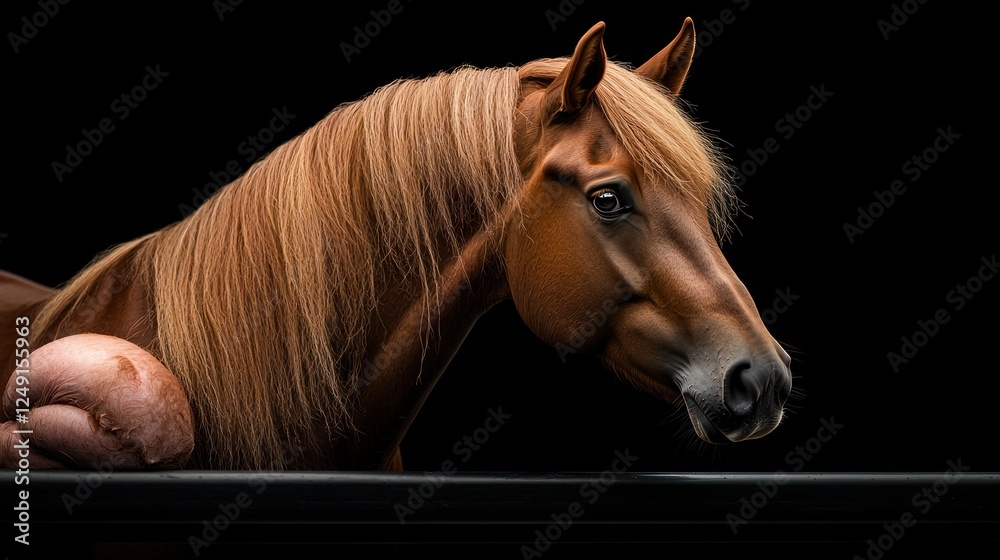 Obraz premium Majestic brown horse with flowing mane posing elegantly against a black backdrop, showcasing beauty